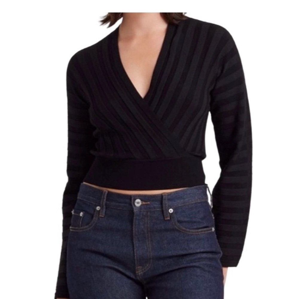 Club Monaco Black Striped Wrap V-Neck Cropped Sweater